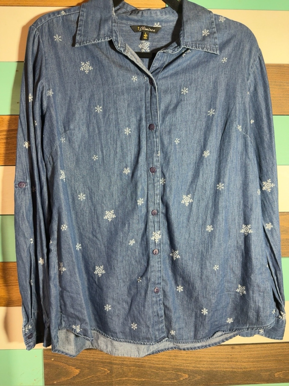 Bliss Light Blue Chambray Shirt with White Snowflake Embroidery